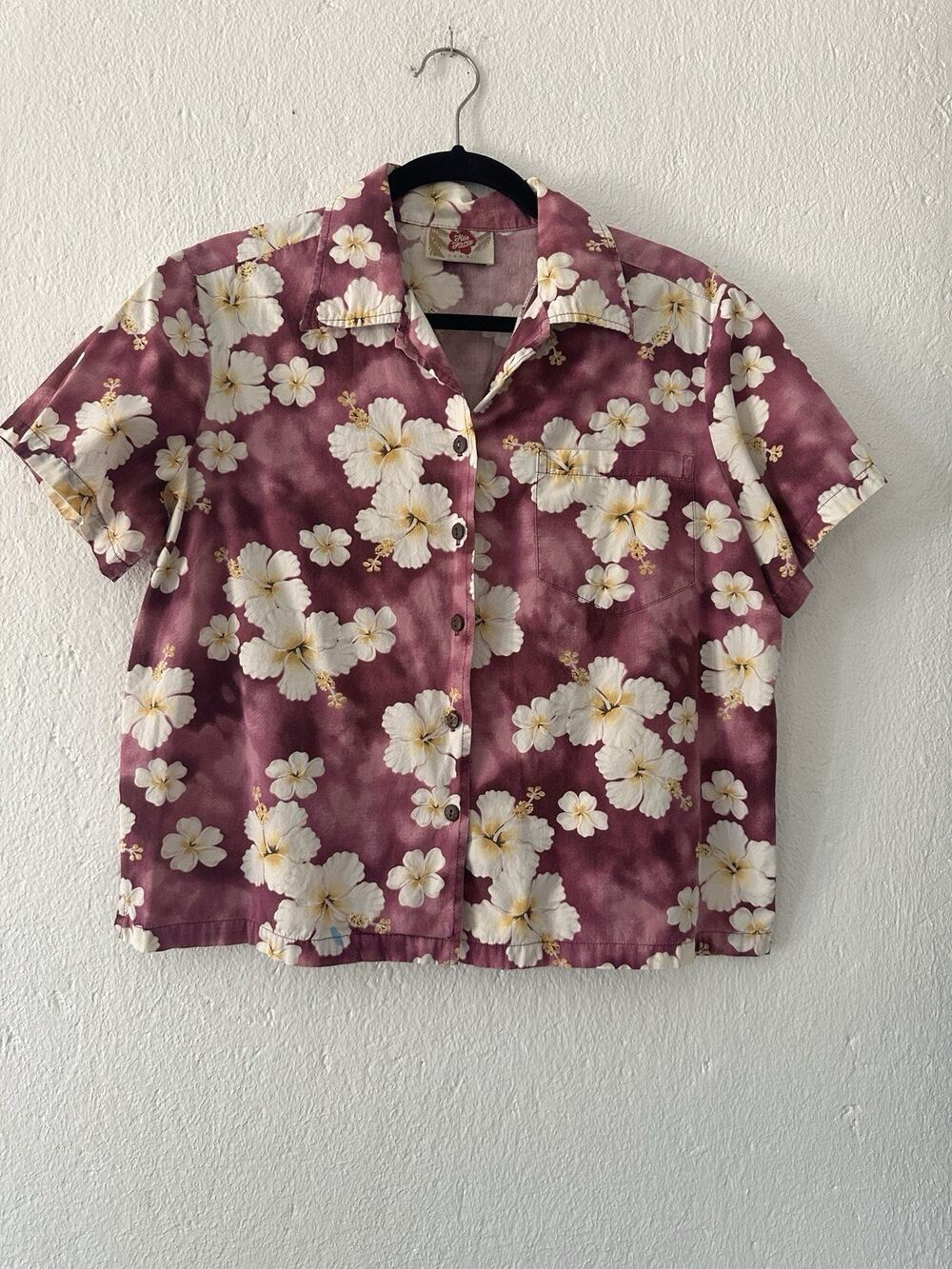 Hilo Hattie Hawaii Purple Hibiscus Floral Hawaiian Camp Shirt Women's Lg Vintage